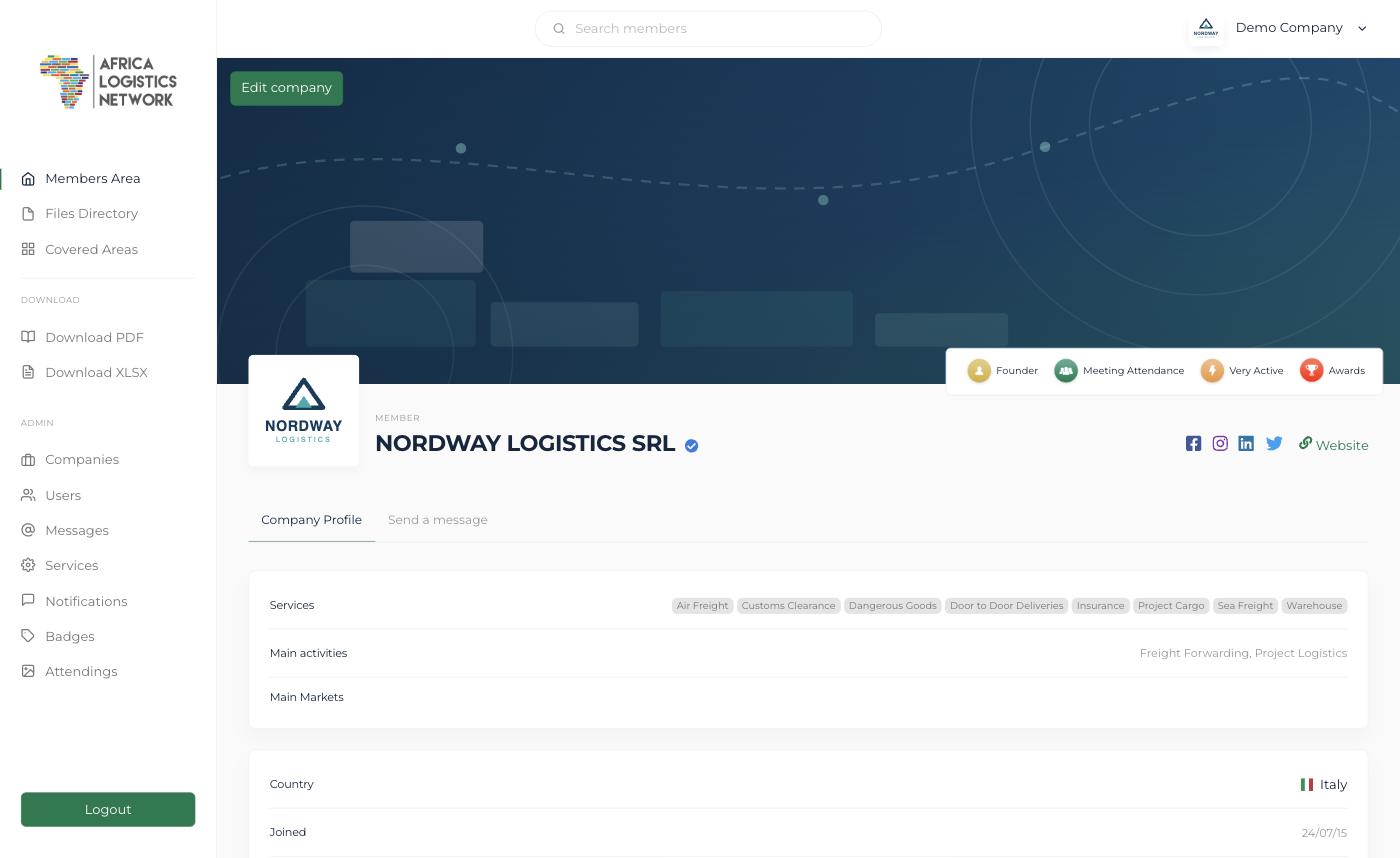 Scheda azienda del portale network logistico: menu laterale, logo, badge di appartenenza e servizi offerti