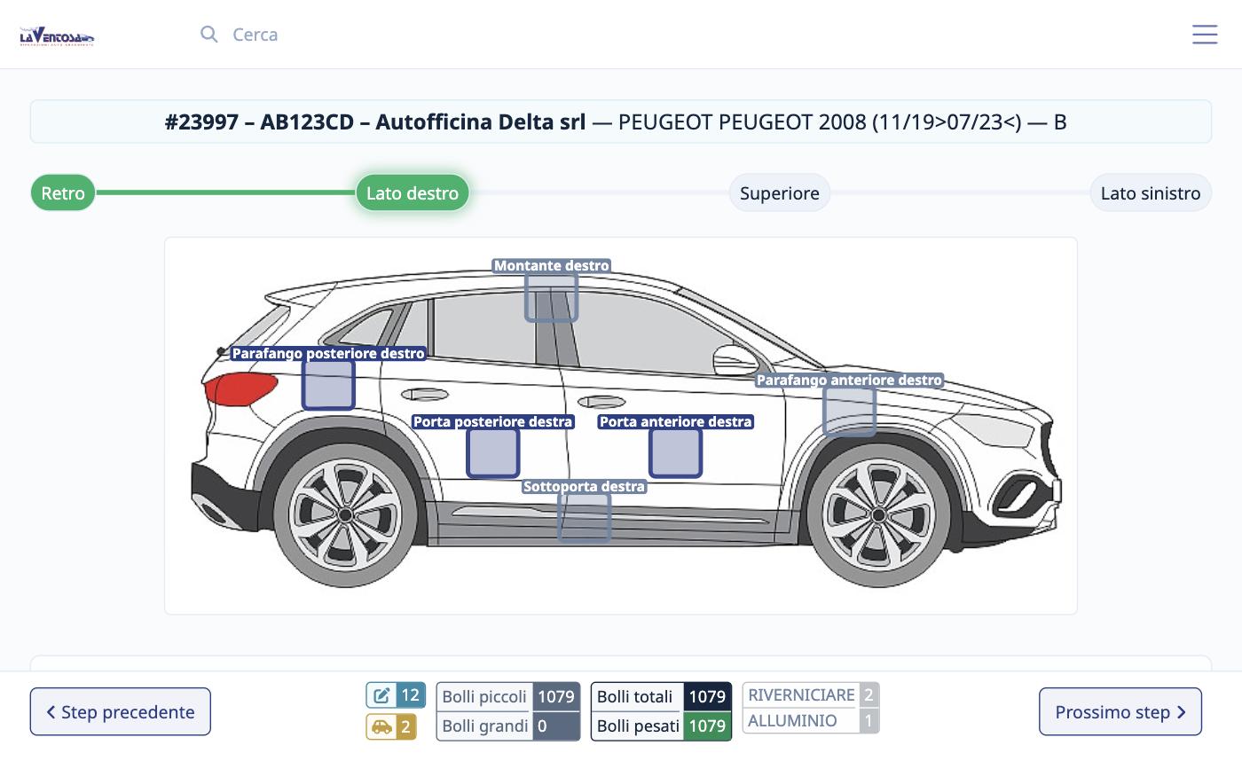 Rilevazione danni da grandine su mappa interattiva del veicolo, con conteggio bolli per zona